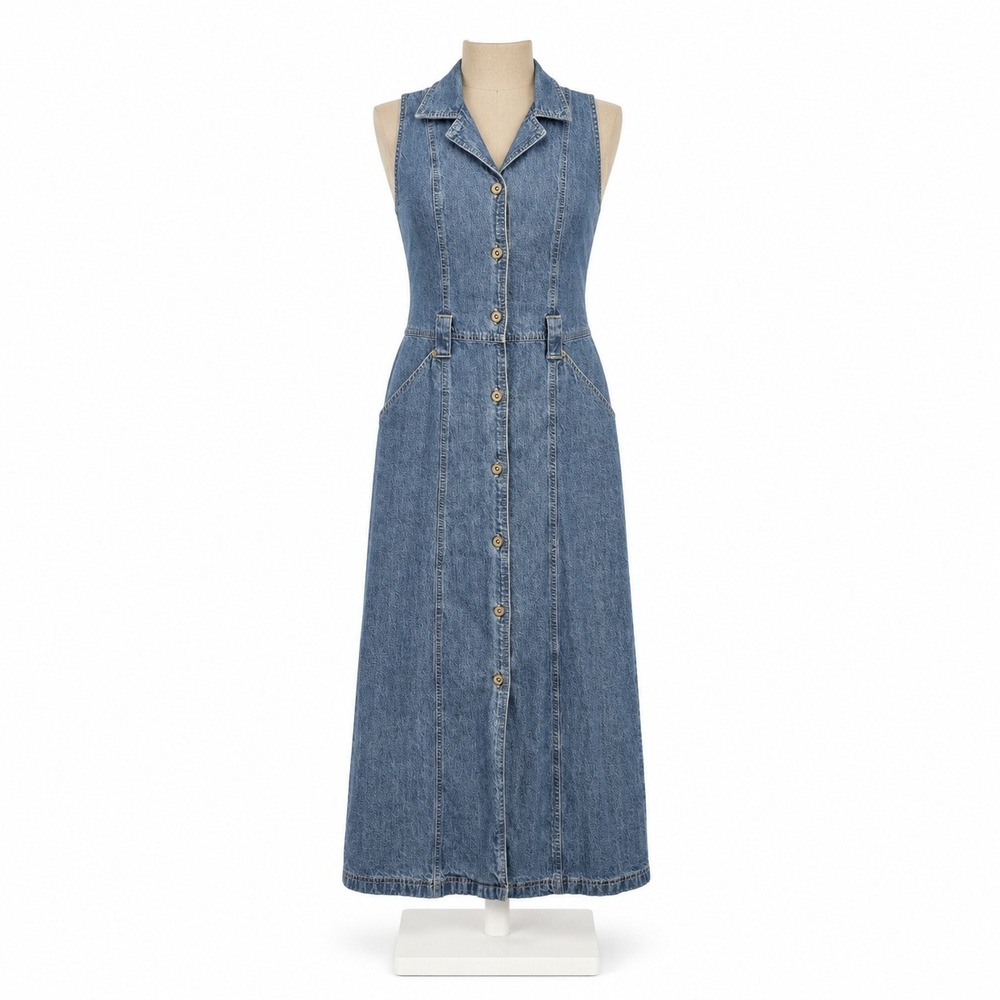 Vintage 90s Denim Button Maxi Dress Size S Blue Sleeveless Cottagecore Western